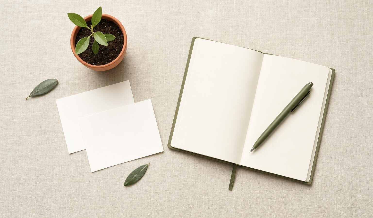 Terracotta pot with a young olive seedling beside an open notebook and olive-green pen