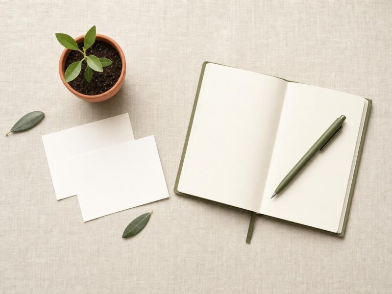 Terracotta pot with a young olive seedling beside an open notebook and olive-green pen