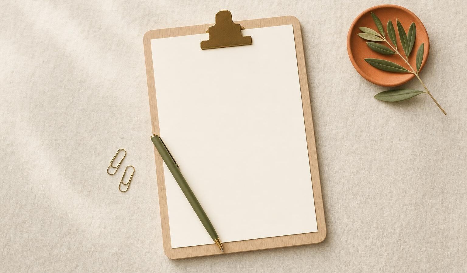 A wooden clipboard holding a blank sheet with an olive-green pen and brass paperclips