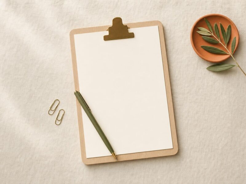 A wooden clipboard holding a blank sheet with an olive-green pen and brass paperclips