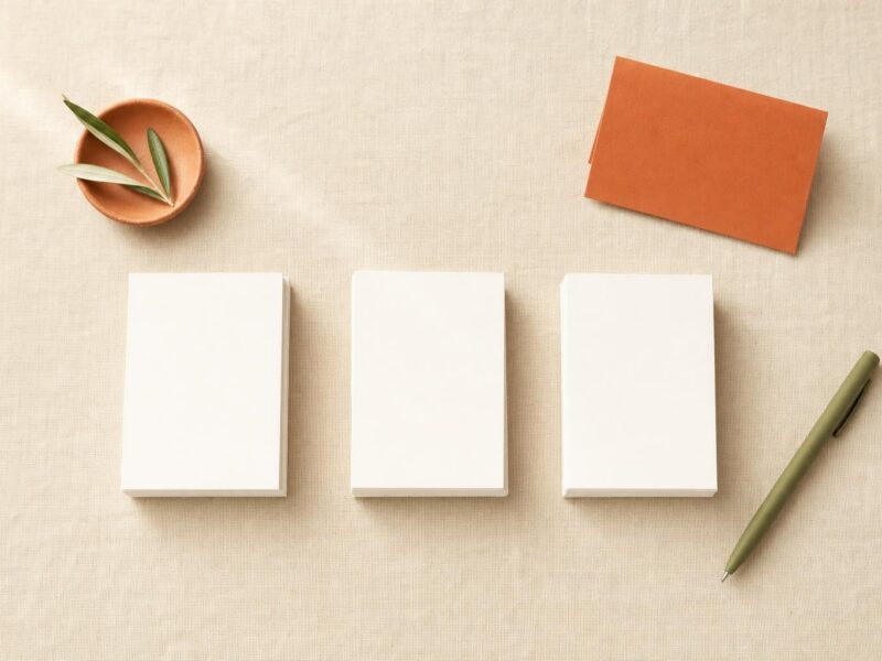 Three separate neat stacks of blank white cards on a linen surface, representing distinct content silos