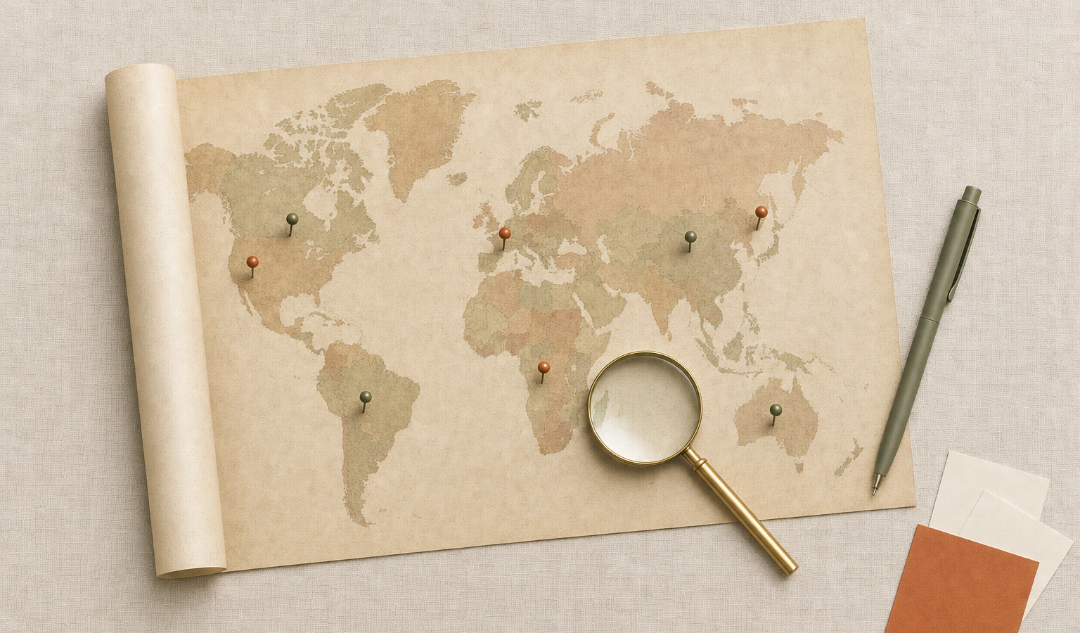 Flat lay of a vintage world map with seven pins and a brass magnifying glass on cream linen