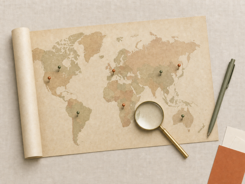 Flat lay of a vintage world map with seven pins and a brass magnifying glass on cream linen