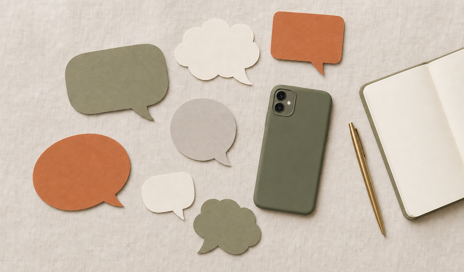 Flat lay of paper speech bubbles around a phone and notebook on cream linen