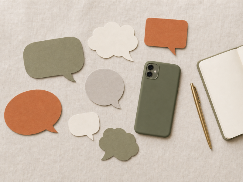 Flat lay of paper speech bubbles around a phone and notebook on cream linen